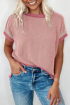 Bright Pink Textured Contrast Color T Shirt | Available in 4 Colors