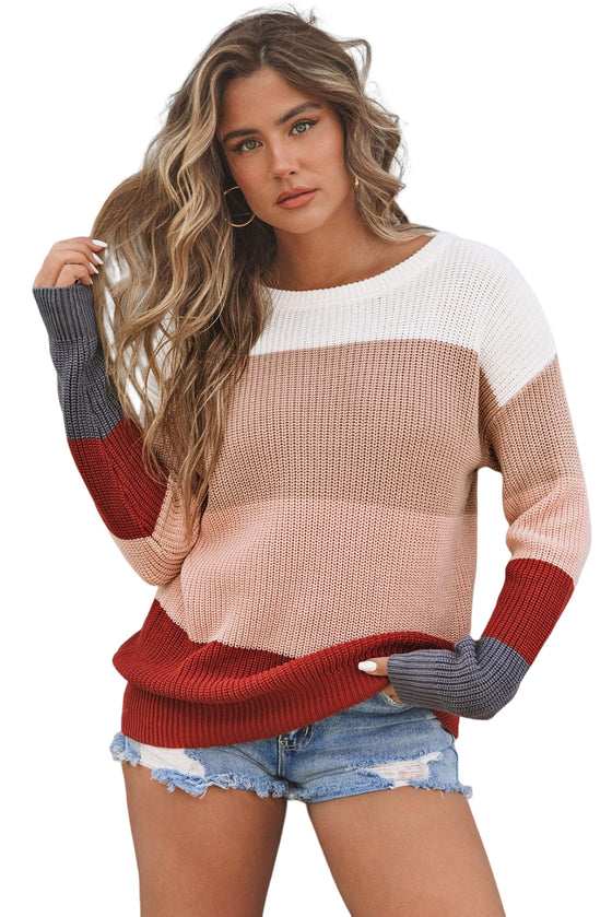 Red Color Block Casual Knit Pullover Sweater