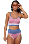 Pink Colorblock Spaghetti Straps Ribbed High Waist Bikini Swimsuit