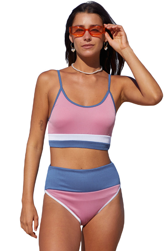 Pink Colorblock Spaghetti Straps Ribbed High Waist Bikini Swimsuit