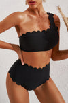 Black Scalloped Trim Asymmetrical Neck High Waist Bikini