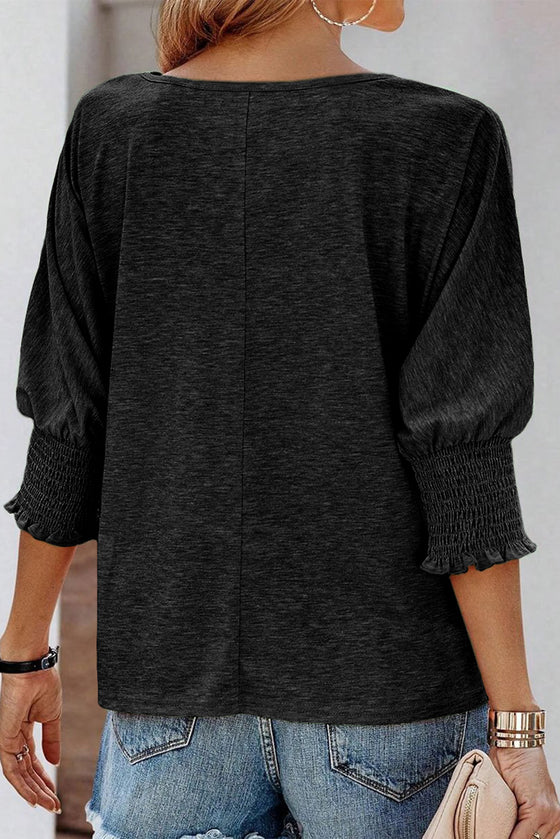 Black Plain Smocked 3/4 Sleeve Casual Loose T Shirt | Available in 3 Colors