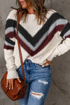 Beige Chevron Casual Drop Shoulder Knit Sweater