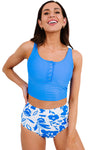 Blue Square Neck Sleeveless Floral Print Tankini Swimsuit | Available in 4 Styles