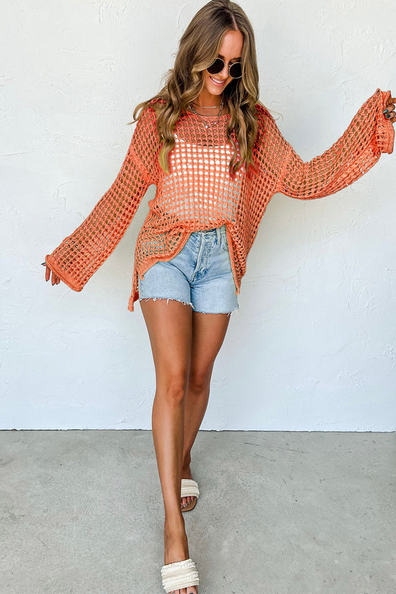 Orange Knit Cut Out Crochet Long Sleeve Tunic Top