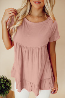  Pink Crinkled Short Sleeve Ruffle Blouse