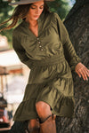 Green Solid Color Notch Neck Tiered Long Sleeve Dress