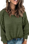 Green Textured Knit Round Neck Dolman Sleeve Sweater