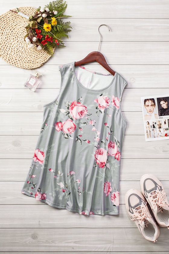 Floral Print Round Neck Casual White Tank Top