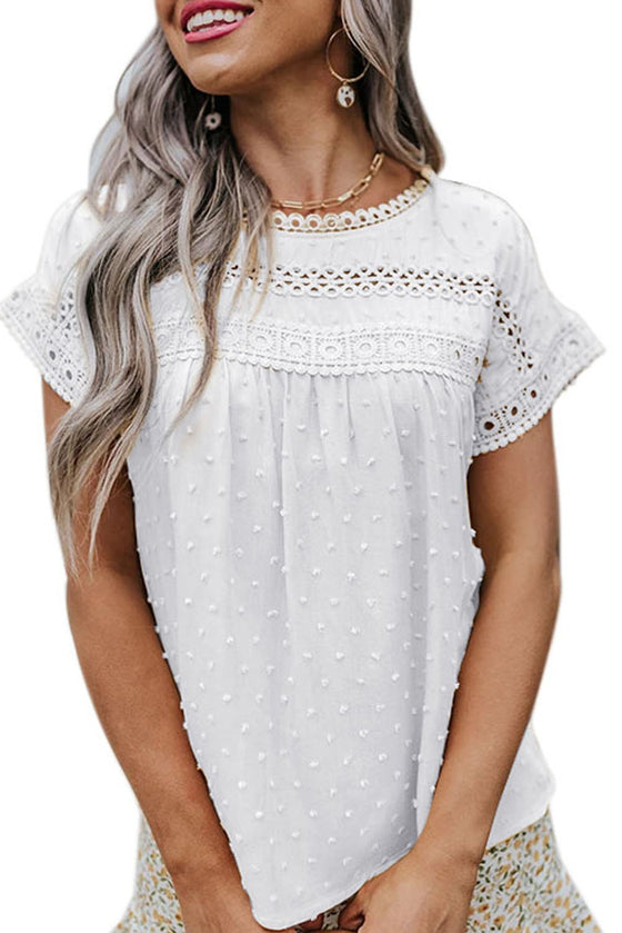 Apricot Swiss Dot Crochet Eyelet Back Button Detail Blouse | Available in 3 Colors