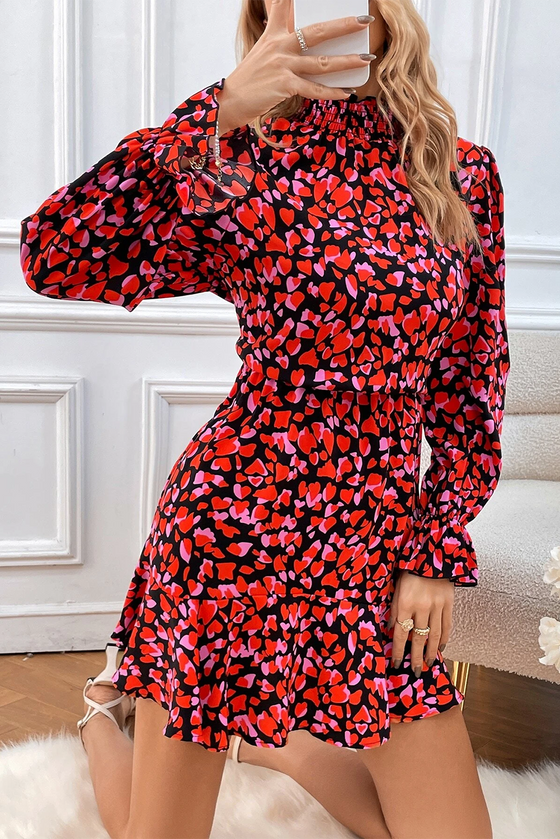 Red Valentine's Day Heart Print Ruffle Long Sleeve Mini Dress