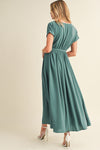 Green Wrap V Neck Belted Pleated Maxi Dress