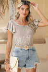 Beige Flutter Sleeve Hollowed Pointelle Knit Top