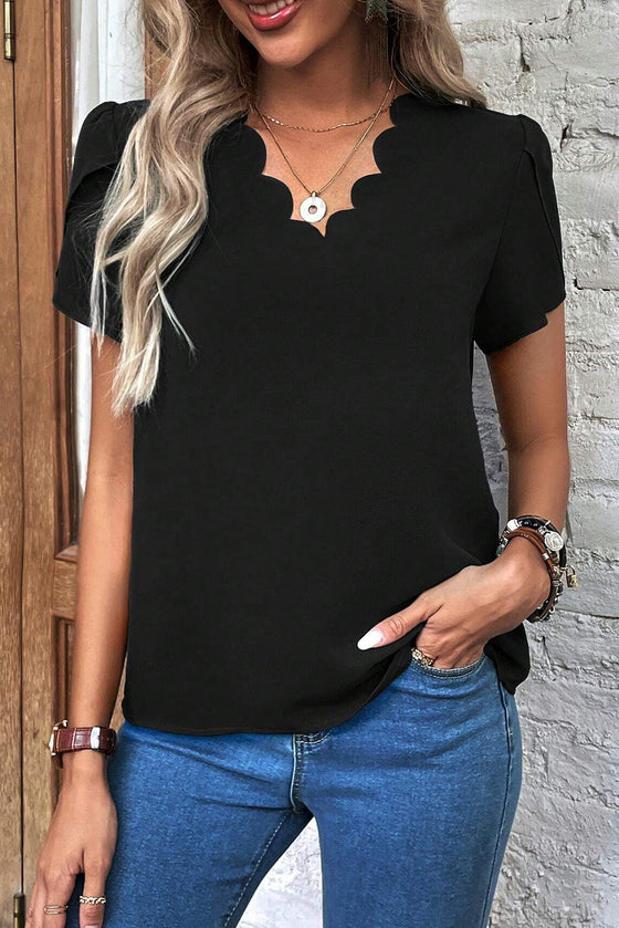 Black Scallop Trim Petal Sleeve Blouse