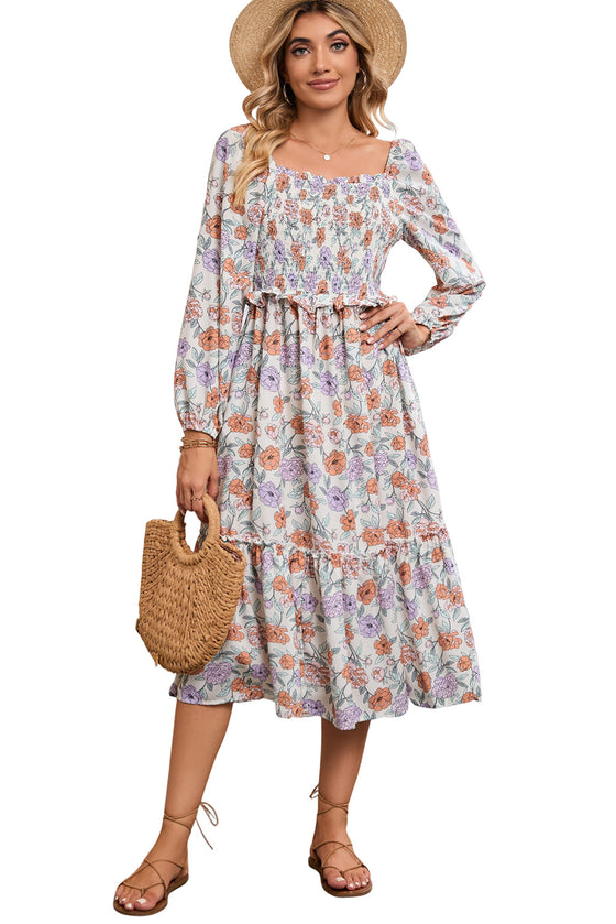 Multicolor Floral Print Smocked Pocketed Flared Midi Dress