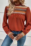 Burnt Orange Geometric Frilled Neck Puff Sleeve Blouse