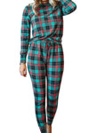 Green Plaid Long Sleeve Top & Drawstring Joggers Loungewear Set