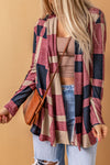 Red Plaid Casual Draped Open Front Cardigan