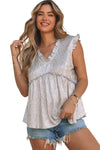 Khaki Frilled V Neck Metallic Crinkle Sleeveless Blouse