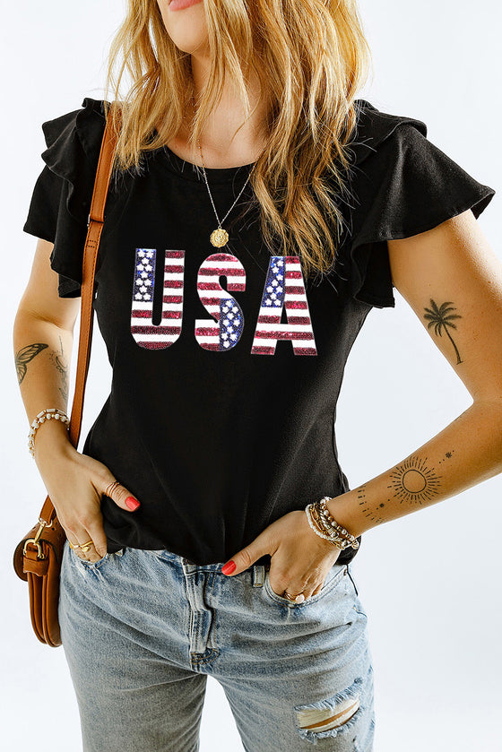 Black Sequined USA Graphic T-Shirt