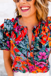 Tropical Floral V Neck Ruffle Blouse