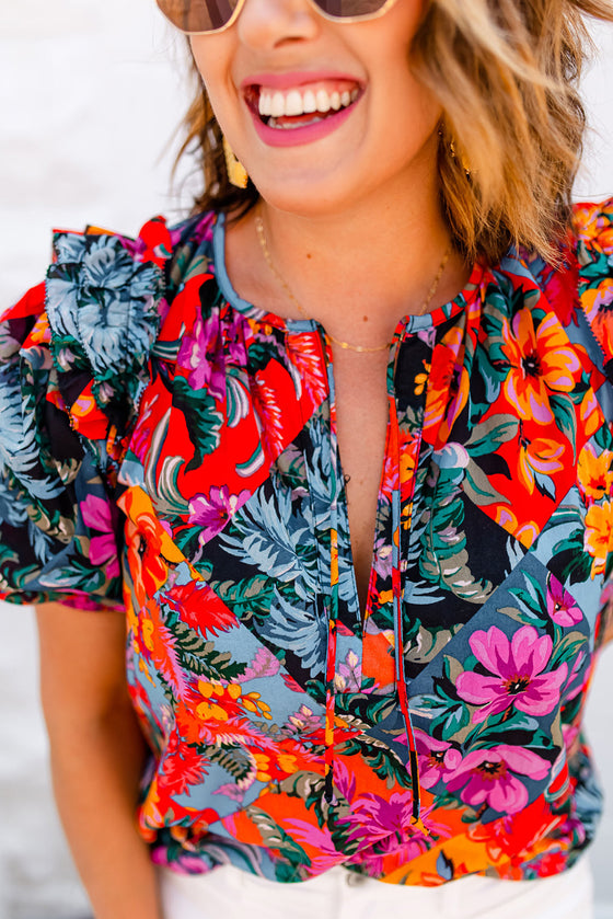 Tropical Floral V Neck Ruffle Blouse