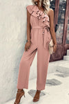 Dusty Pink Asymmetric Shoulder Ruffle and Belted Jumpsuit (Pre-Order)