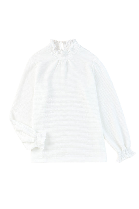 White Smocked Casual Textured Bishop Sleeve Blouse