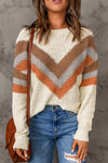 Beige Chevron Casual Drop Shoulder Knit Sweater