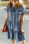 Blue Button Up Short Sleeve Denim Shirt Dress