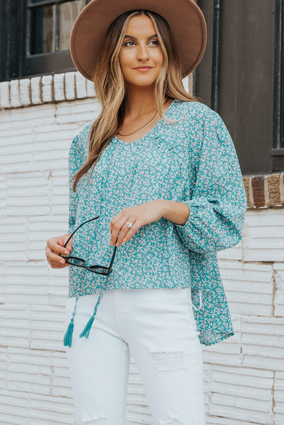 Light Blue Floral Print Boho Lace Up High Low V Neck Blouse