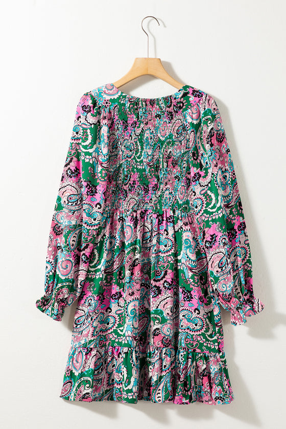 Pink Paisley Print Smocked Ruffle Hem Dress