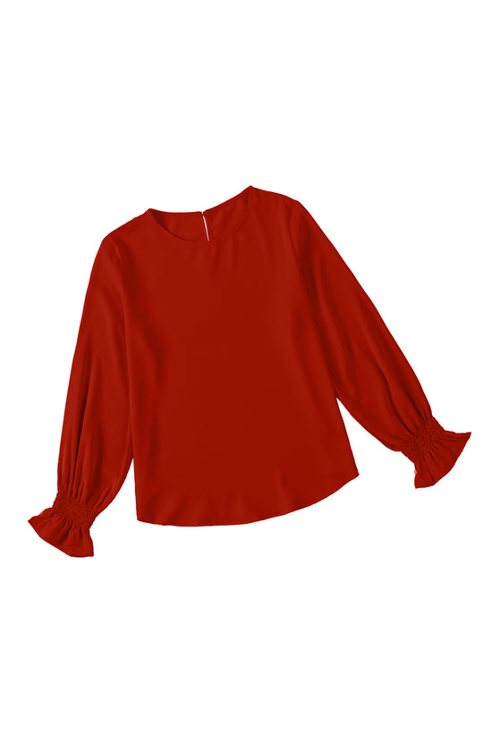 Plain Pullover Smocked Cuffs Long Sleeve Blouse | Available in Black and Red Colors