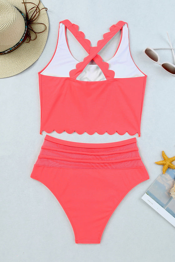 Rose Scalloped Sleeveless High Waisted Two-Piece Swimsuit | Available in 2 Colors