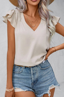  White Pleated V Neck Ruffle Shoulder Sleeveless Blouse