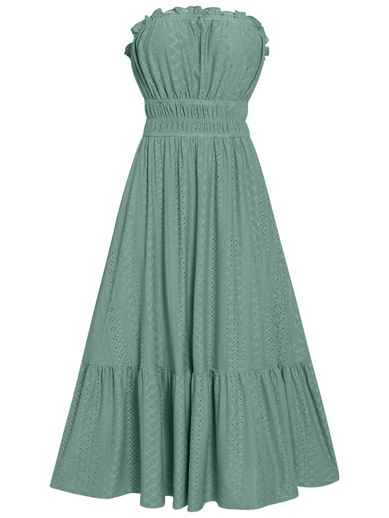 Sleeveless Smocked and Pleated Eyelet Dress