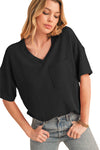 Black Ribbed V Neck Pocket Drop Sleeve T-Shirt