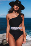 Black Asymmetric Cutout Sexy Belted One-Piece Swimsuit | Available in 2 Colors