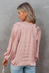 Pink Pleated Balloon Sleeve Drawstring V-Neck Blouse