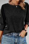 Black Plain Smocked 3/4 Sleeve Casual Loose T Shirt | Available in 3 Colors