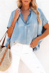 Sky Blue Split V Neck Loose Denim Blouse