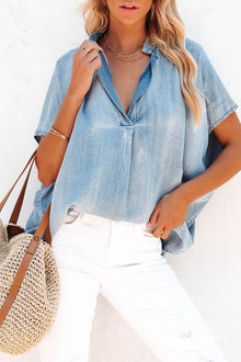  Sky Blue Split V Neck Loose Denim Blouse