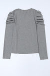 Gray Basic Buttoned Puff Long Sleeve Sheath Top