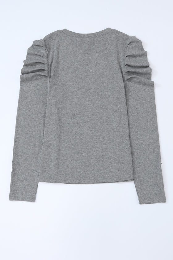 Gray Basic Buttoned Puff Long Sleeve Sheath Top