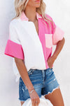 Hot Pink Color Block Short Sleeve Polo Blouse