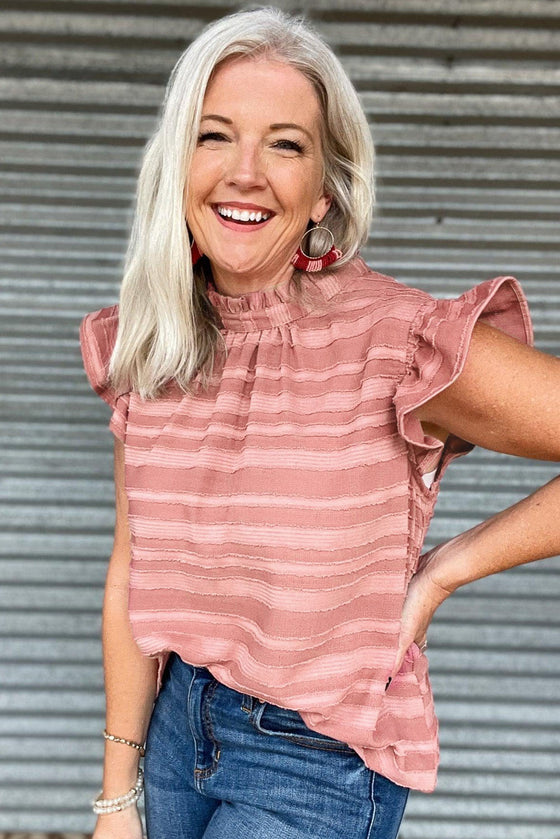 Coral Paradise Textured Striped Frill Neck Knot Ruffle Top