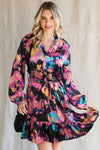 Abstract Print Waist Belted Long Sleeve Dress | Other Colors Available