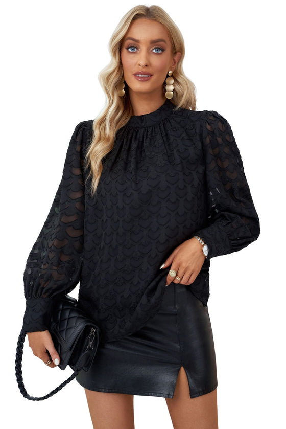 Black Mock Neck Top Jacquard Tie Back Bishop Sleeve Blouse