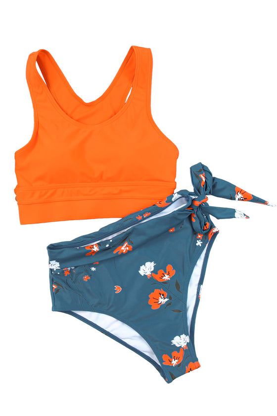 Orange Casual Floral Printed Waist Lace Up High Waist Bikini | Available in 2 Colors