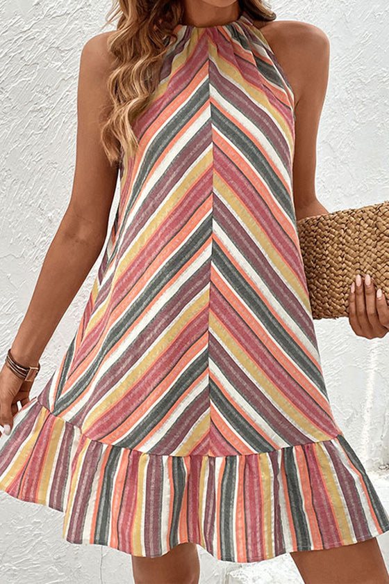 Multicolor Striped Halter Neck Sleeveless Mini Dress